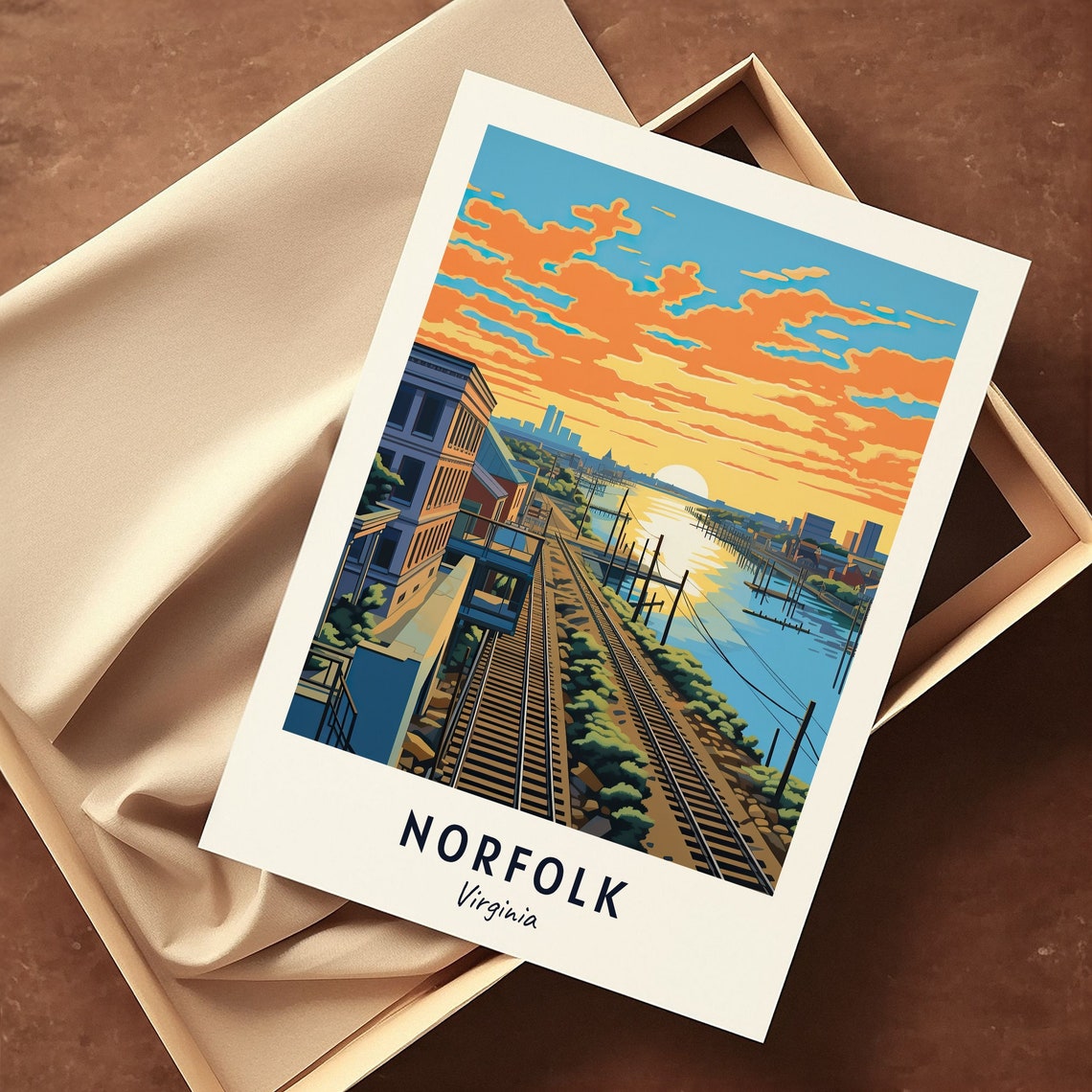 Norfolk Waterfront Rail Tracks at Sunset Virginia Travel Poster - Image 3