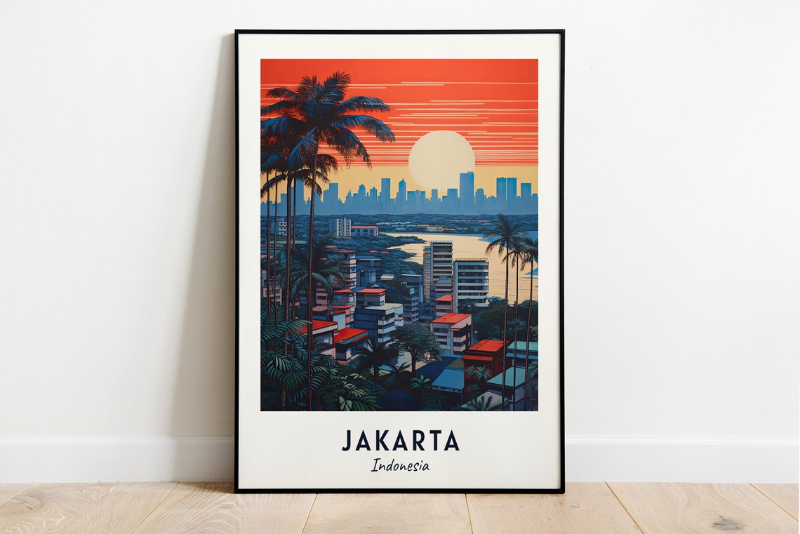 Jakarta Indonesia Orange Sunset Skyline Palm Trees Tropical Poster
