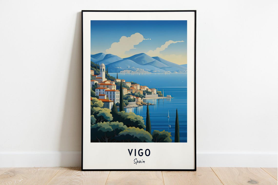 Vigo Spain Bay Mountains Coastal Town Galicia Vintage Travel Poster