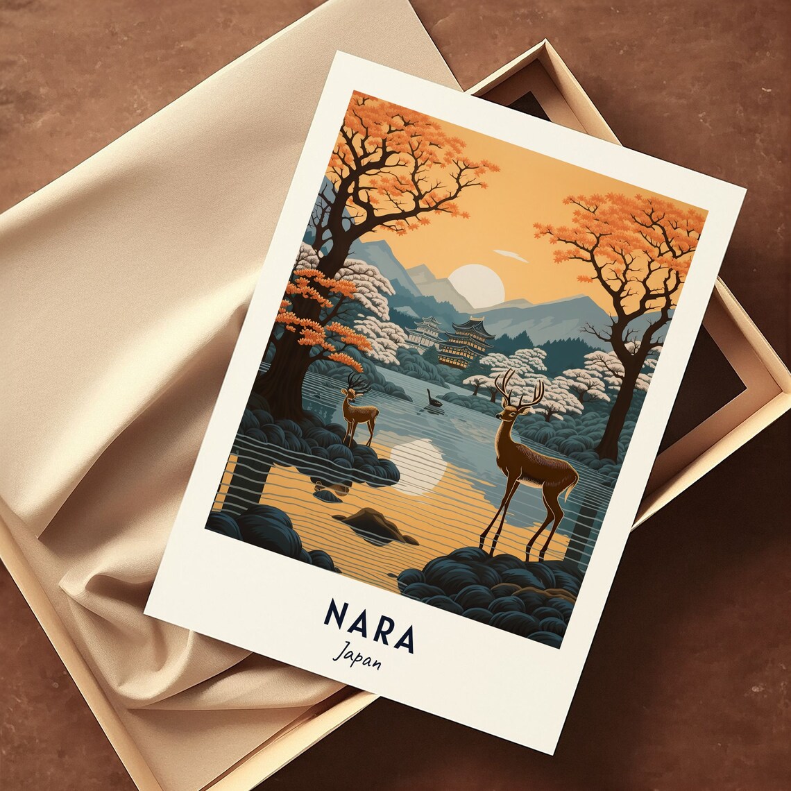 Nara Japan Sacred Deer Sunset Temple Lake Autumn Tranquil Poster - Image 3
