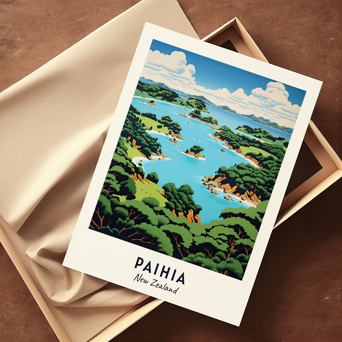 Paihia New Zealand Bay of Islands Panoramic Coastline Travel Poster - Image 3