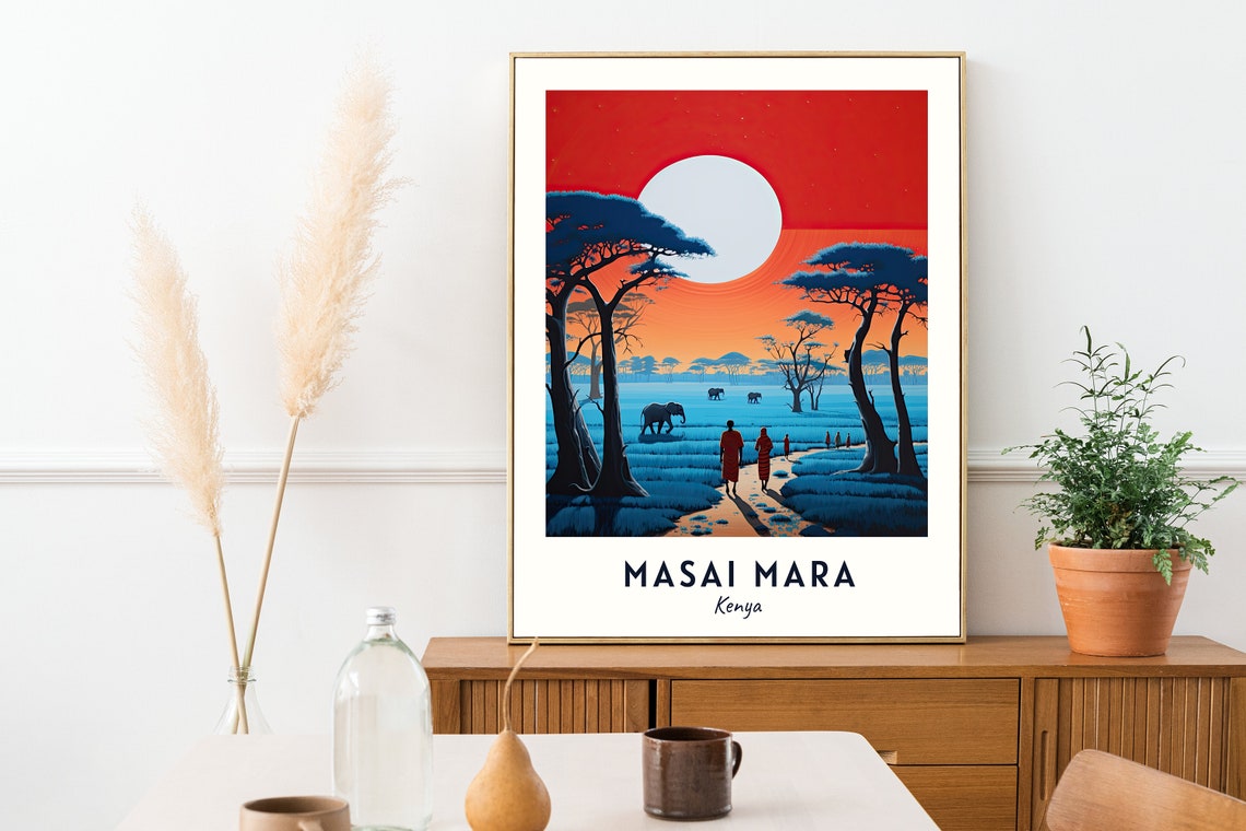 Masai Mara Kenya Safari Sunset Elephants Wildlife Travel Poster - Image 2