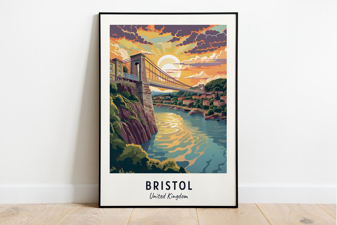 Bristol Clifton Suspension Bridge Sunset River Gorge Travel Poster