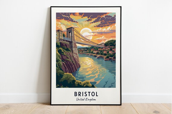 Bristol Clifton Suspension Bridge Sunset River Gorge Travel Poster