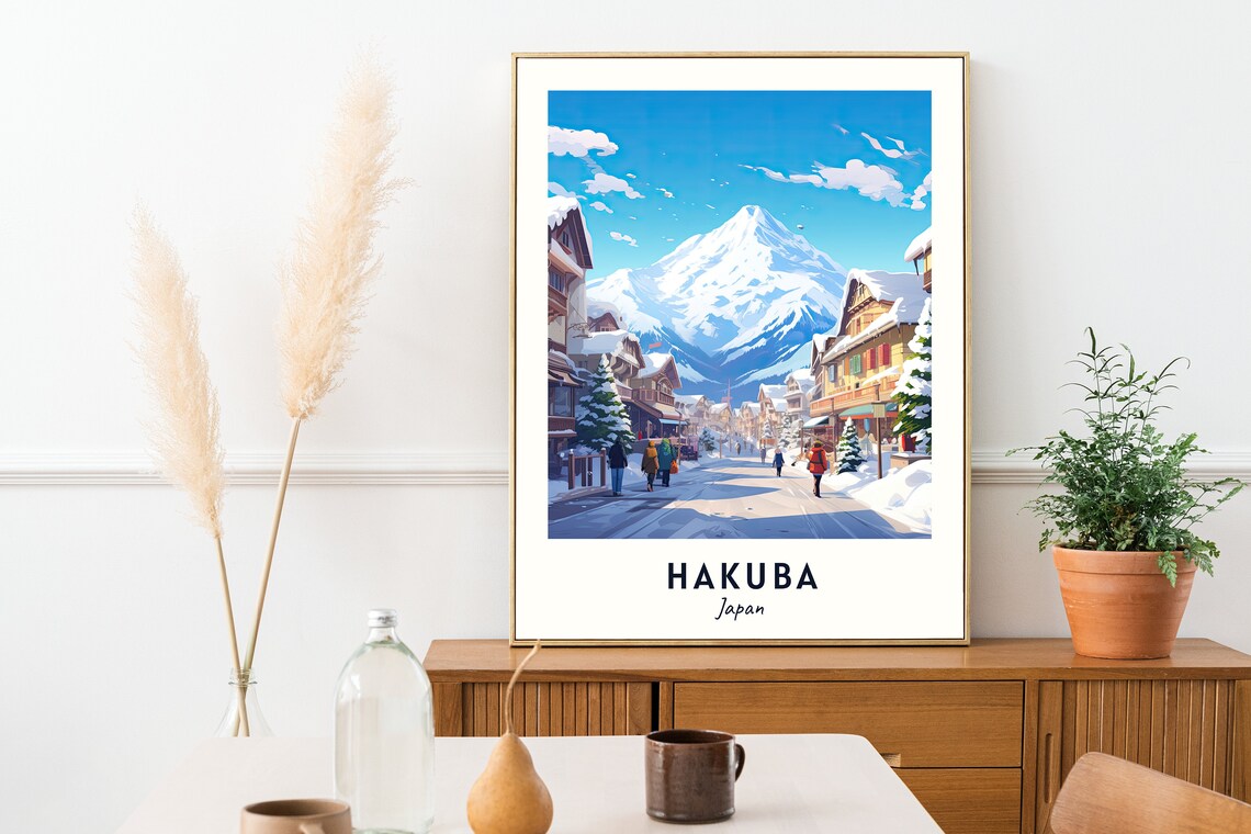 Hakuba Japan Snowy Village Street Towering Alpine Peak Poster - Image 2