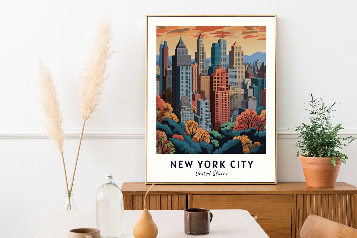 New York City Manhattan Skyline Autumn Trees City Travel Poster - Image 2