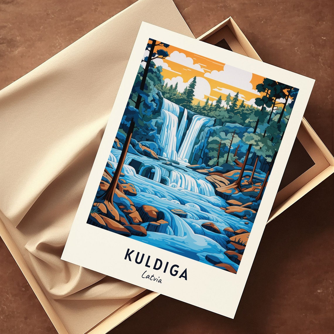 Kuldiga Latvia Waterfall Through Pine Forest At Sunset Poster - Image 3