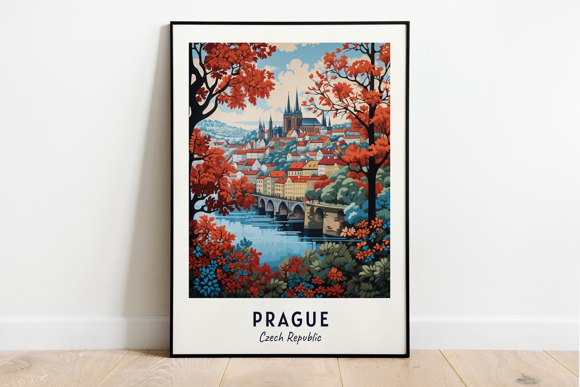 Prague Charles Bridge Framed by Red Autumn Trees Czech Poster