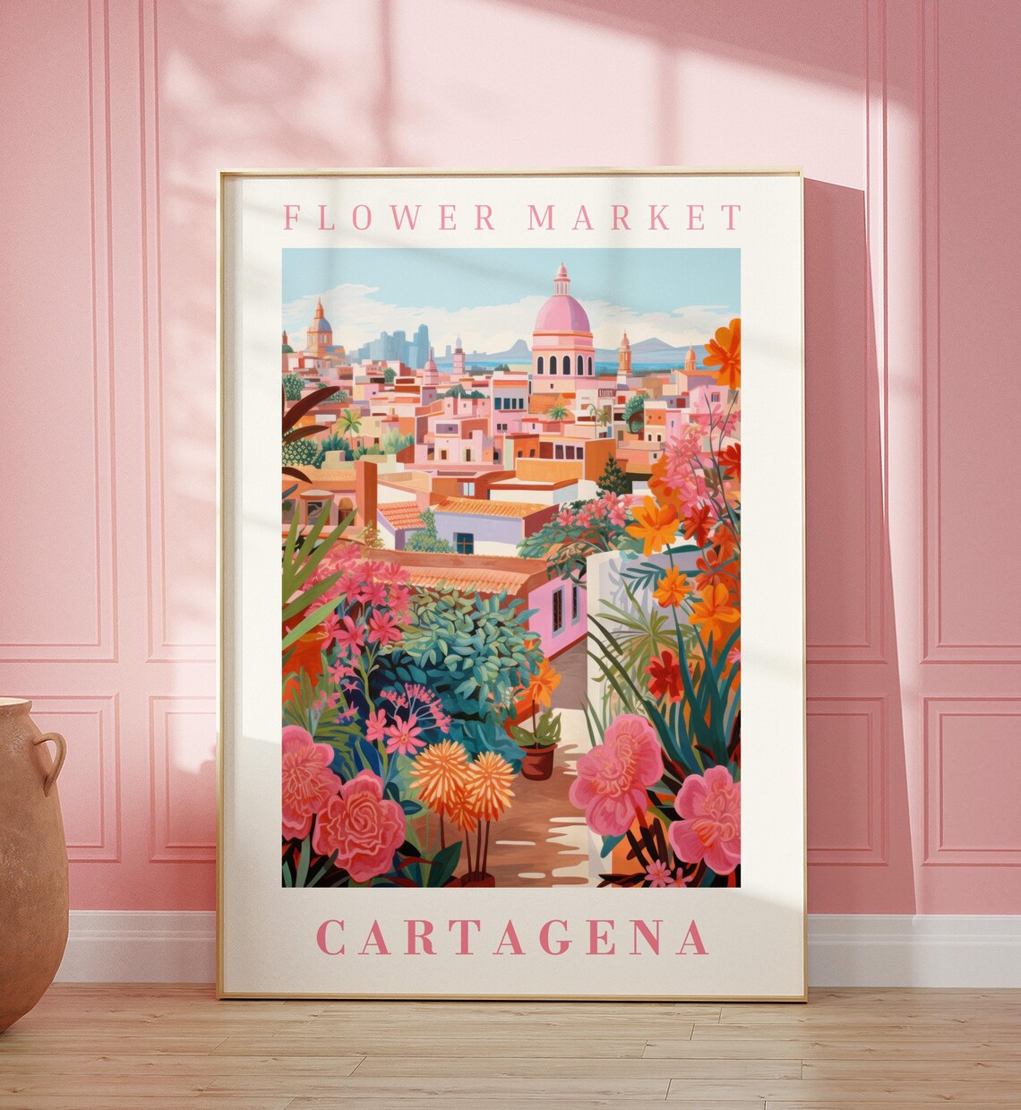 Cartagena Flower Market Poster with Colonial Dome Rose Garden Art