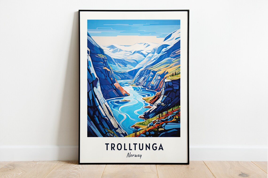 Trolltunga Norway Fjord Valley Blue Cliffs Scenic Travel Poster