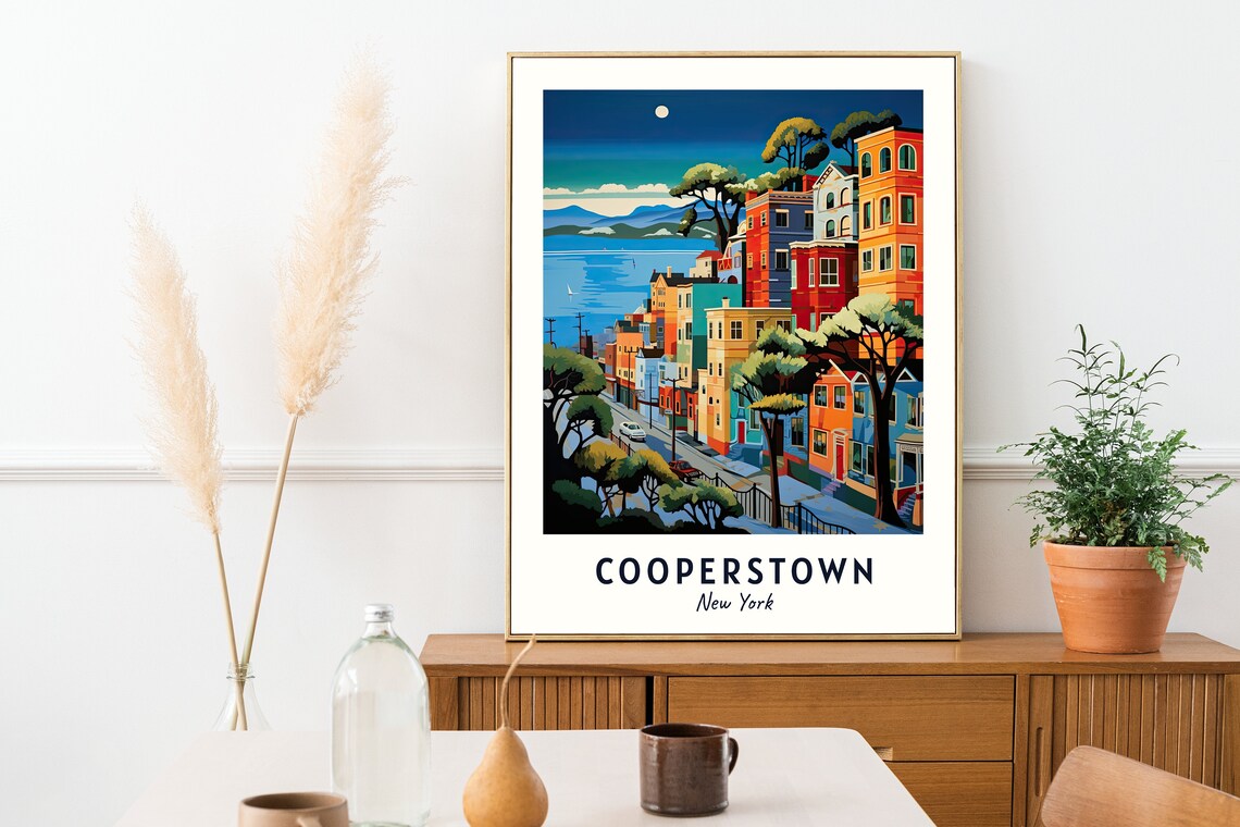 Cooperstown New York Colorful Hillside Street Lake Night Travel Poster - Image 2