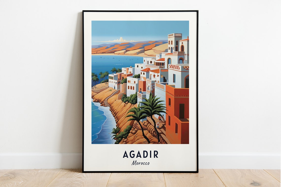 Agadir Morocco Whitewashed Cliffs Palm Trees Seaside Travel Poster