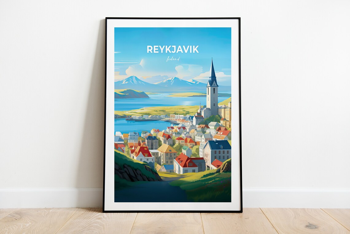 Reykjavik Iceland Harbor Church Colorful Houses Fjord View Poster - Image 3
