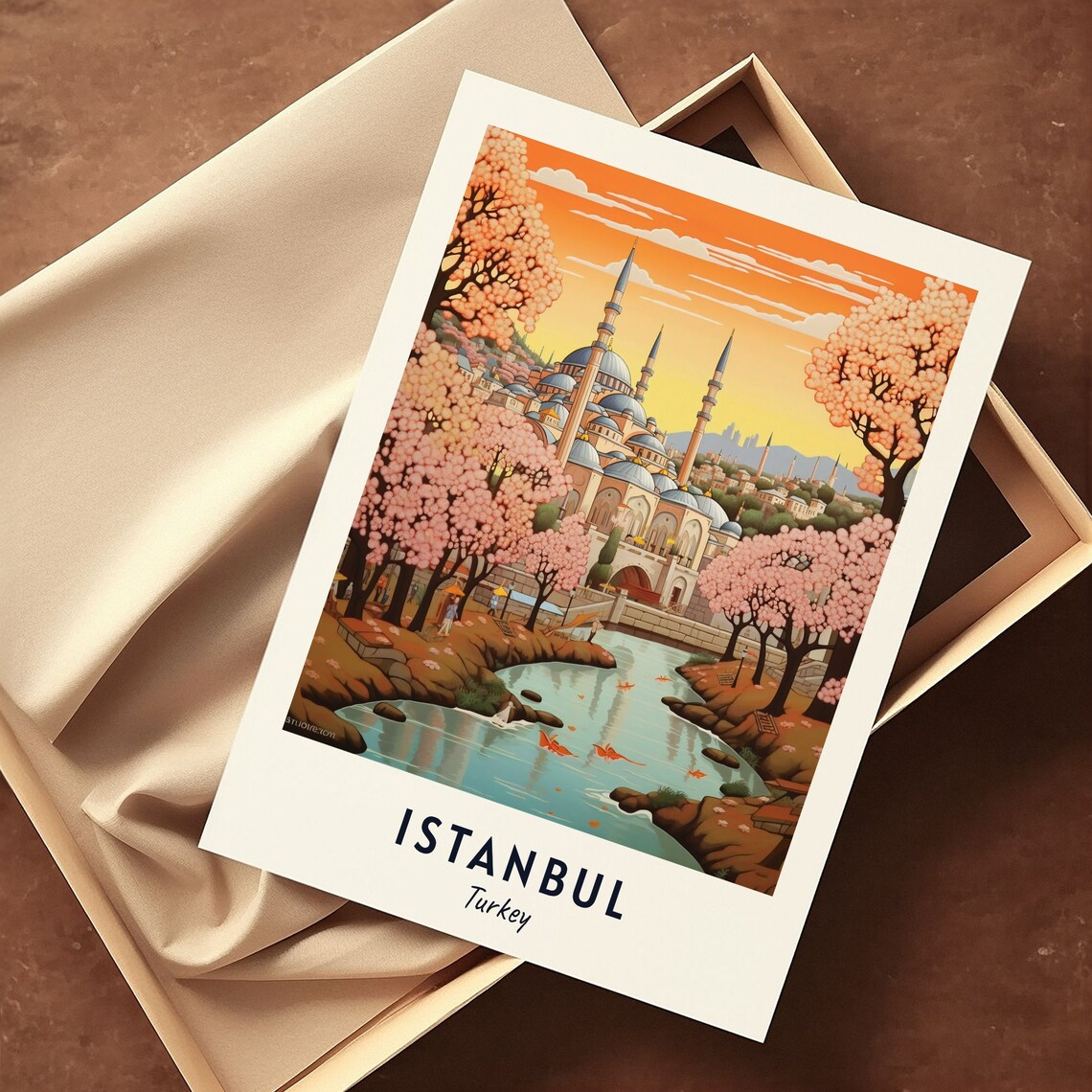 Istanbul Turkey Travel Poster with Mosque and Pink Blossom Trees - Image 3