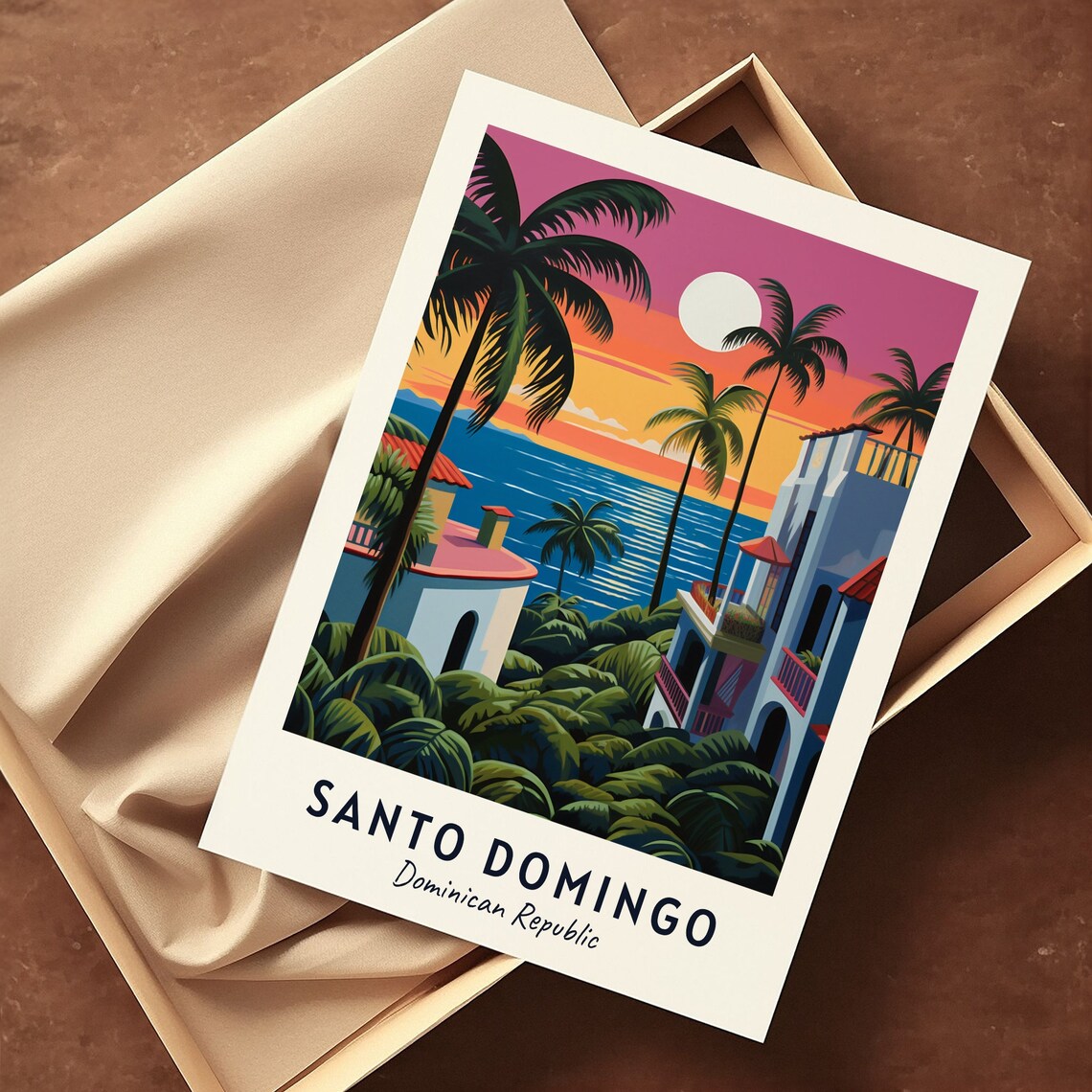 Santo Domingo Pink Sunset Palms Tropical Villa Travel Poster - Image 3
