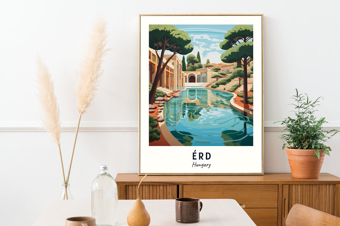 Érd Hungary Thermal Bath Pool Garden Illustrated Travel Poster - Image 2