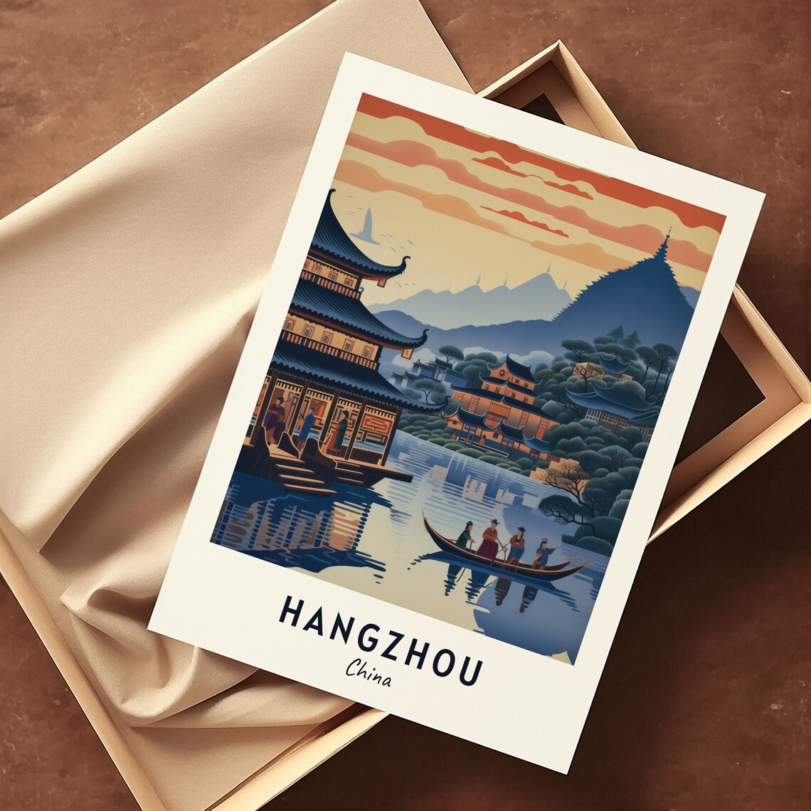 West Lake Pagodas at Sunset Hangzhou China Heritage Travel Poster - Image 3