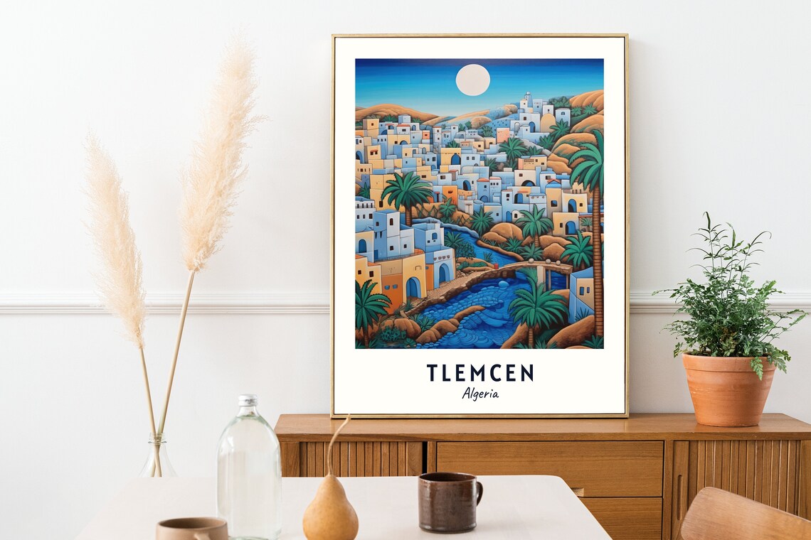 Tlemcen Algeria Moonlit Hillside Town Of Blue And Ochre Houses Poster - Image 2