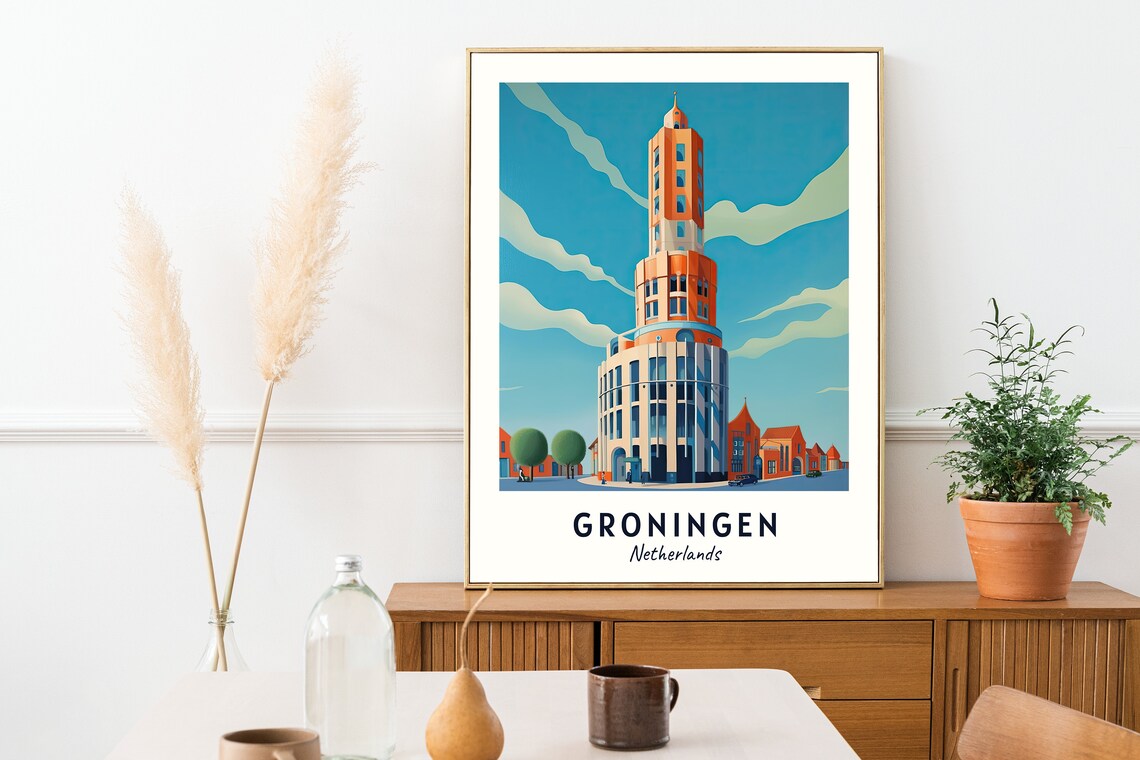 Martini Tower Groningen Netherlands Illustrated Travel Poster - Image 2