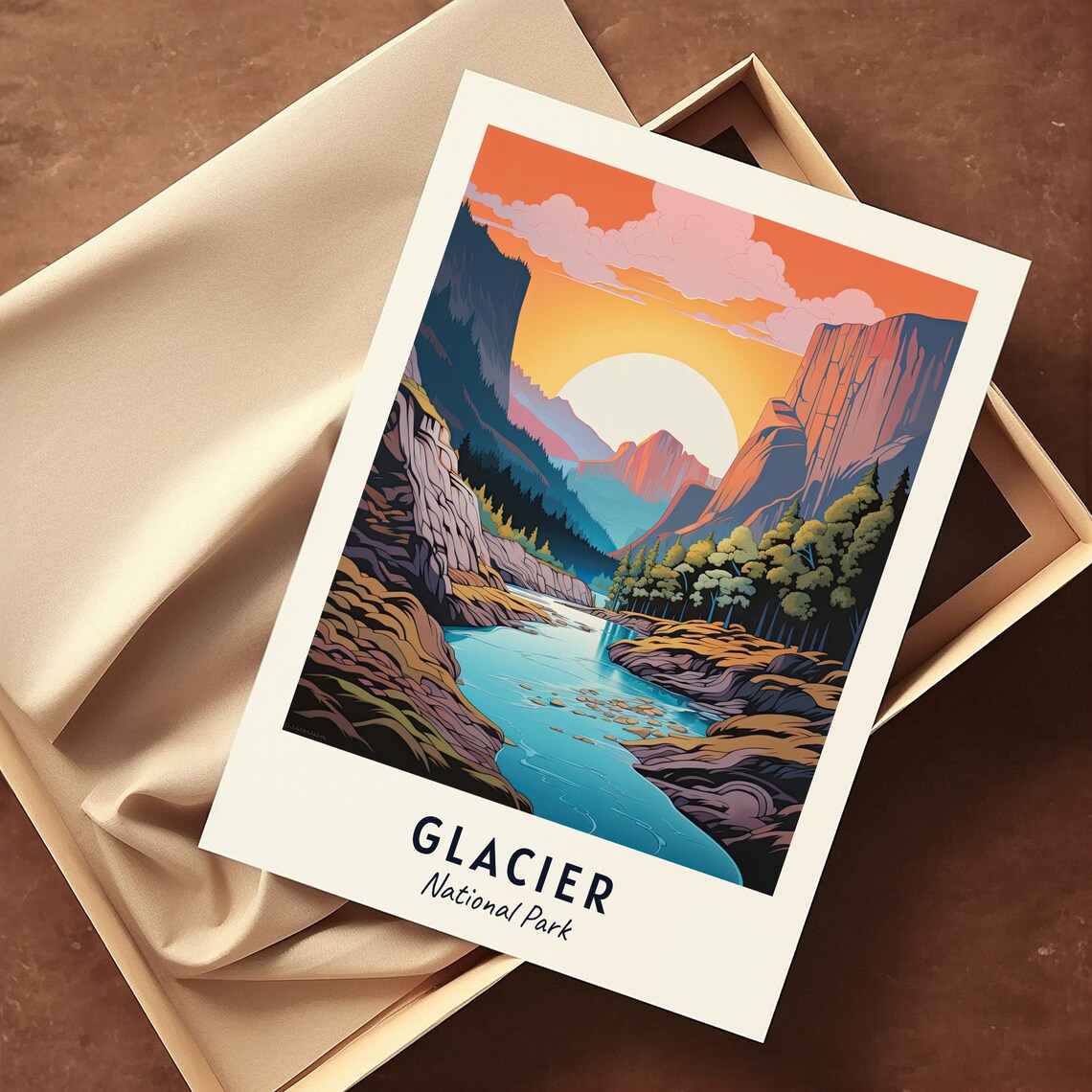 Glacier National Park Sunset River Valley Mountain Travel Poster - Image 3