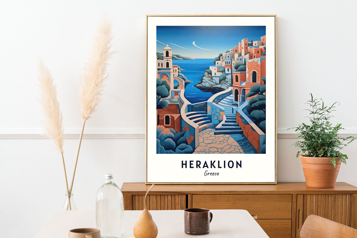 Seaside Town with Winding Stone Staircase Heraklion Greece Poster - Image 2