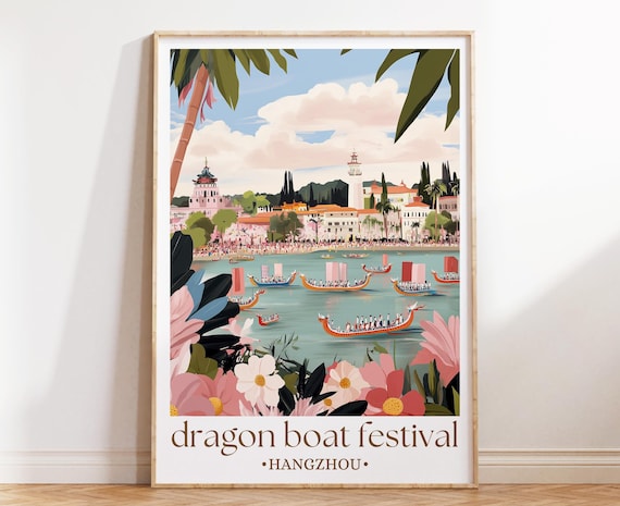 Dragon Boat Festival Print China Celebration Poster Illustrated Water Racing Wall Art