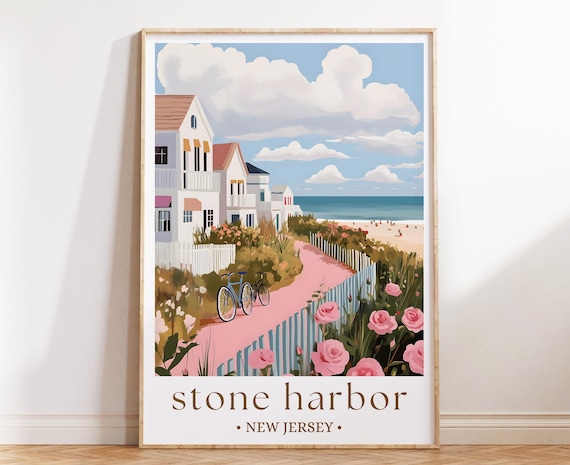 Stone Harbor New Jersey Beach Town Bike Path Illustrated Travel Poster