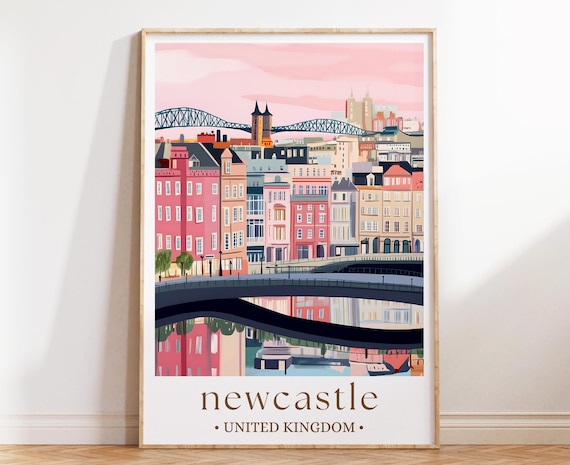 Newcastle United Kingdom Tyne Bridge River City Illustrated Travel Poster