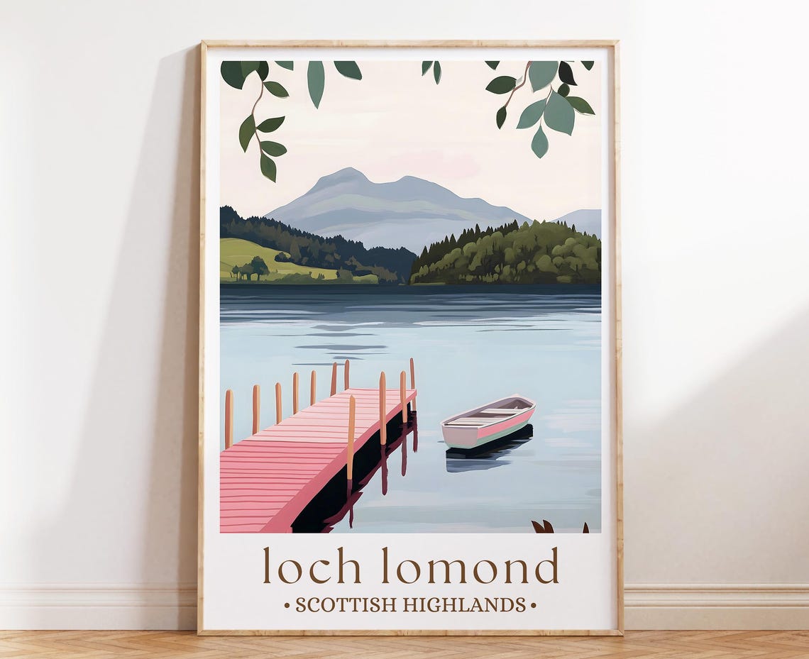 Loch Lomond Scotland Poster Calm Lake Pink Dock Rowboat Mountain View