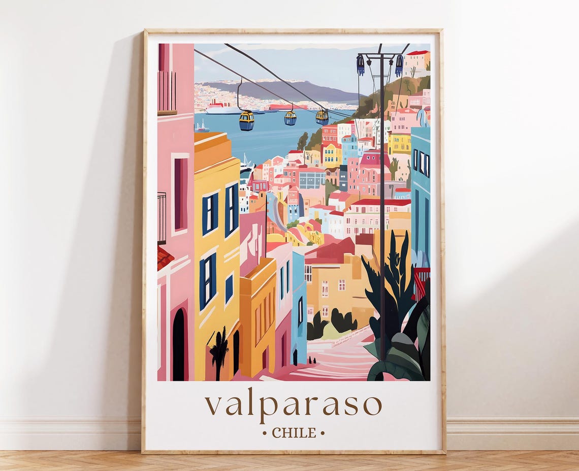 Valparaiso Chile Colorful Hillside Cable Car Travel Poster Art