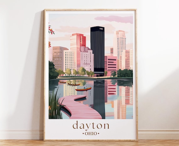 Dayton Ohio Skyline River Reflection Kayak Illustrated Travel Poster