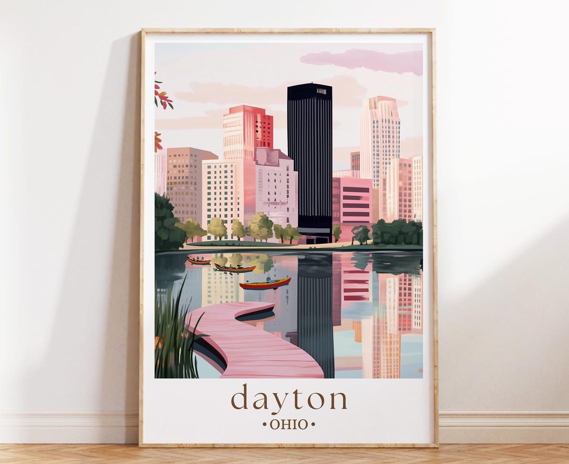 Dayton Ohio Skyline River Reflection Kayak Illustrated Travel Poster