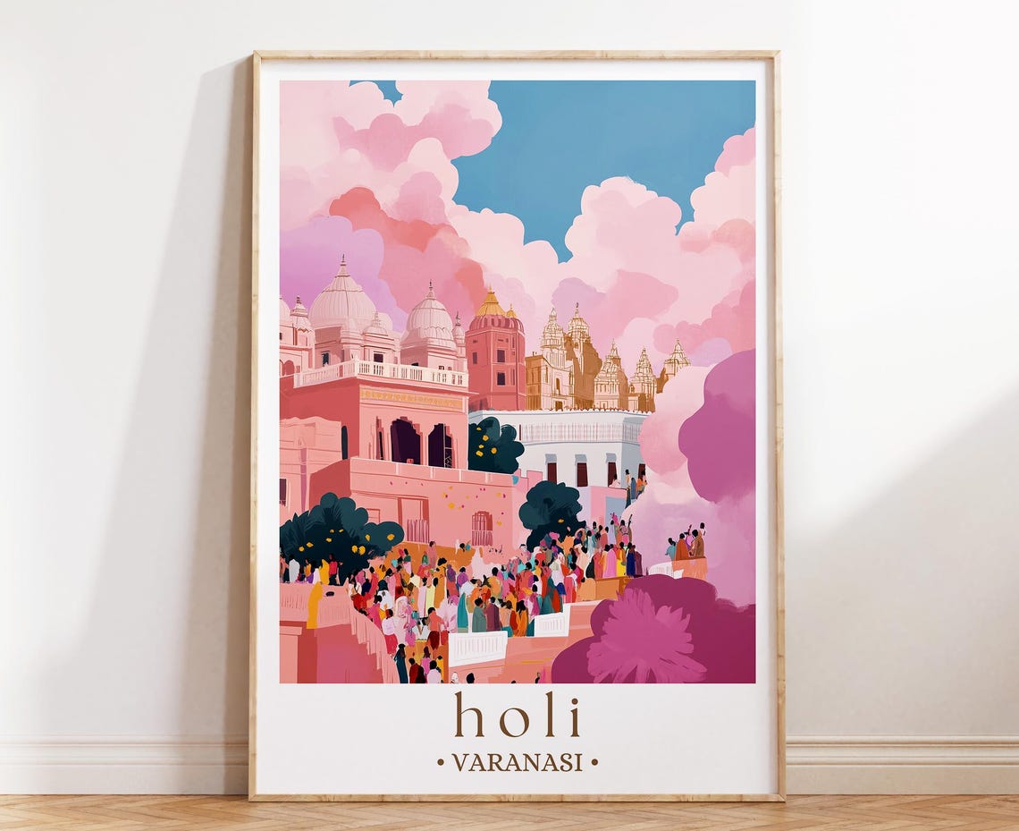 Holi Festival Varanasi India Colorful Temple Crowd Celebration Poster