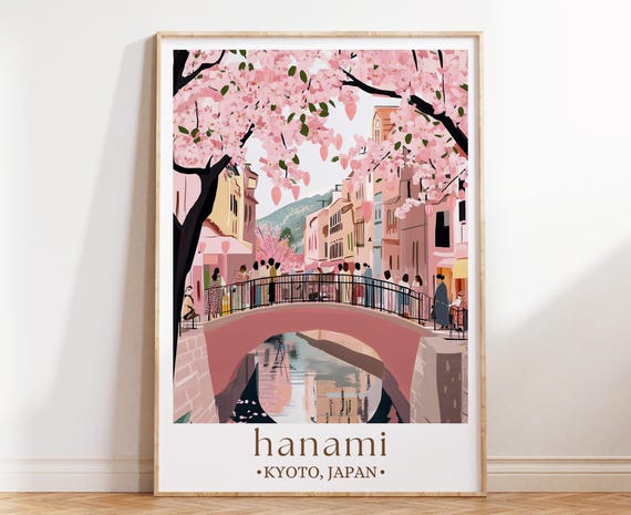Hanami Kyoto Art Print Cherry Blossom Festival Poster Illustrated Japan Wall Decor