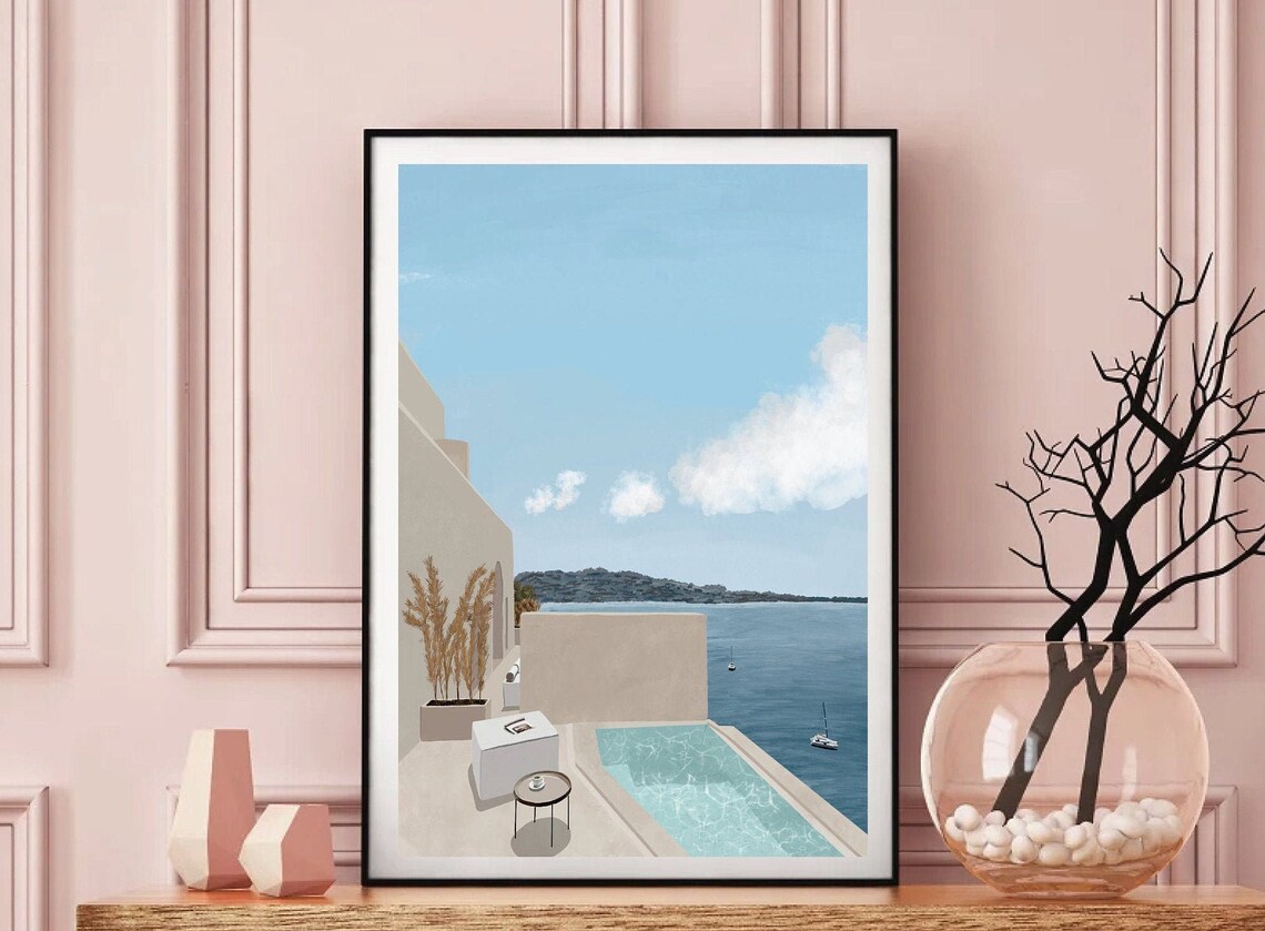 Santorini Greece Pool Travel Poster, Europe Art Print
