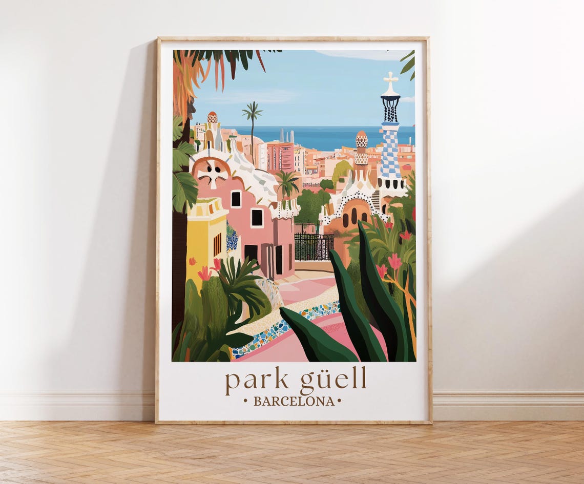 Park Guell Print Barcelona Travel Art Barcelona Wall Art Barcelona Print Barcelona Cityscape Spain Art Print Europe Print Travel Gift