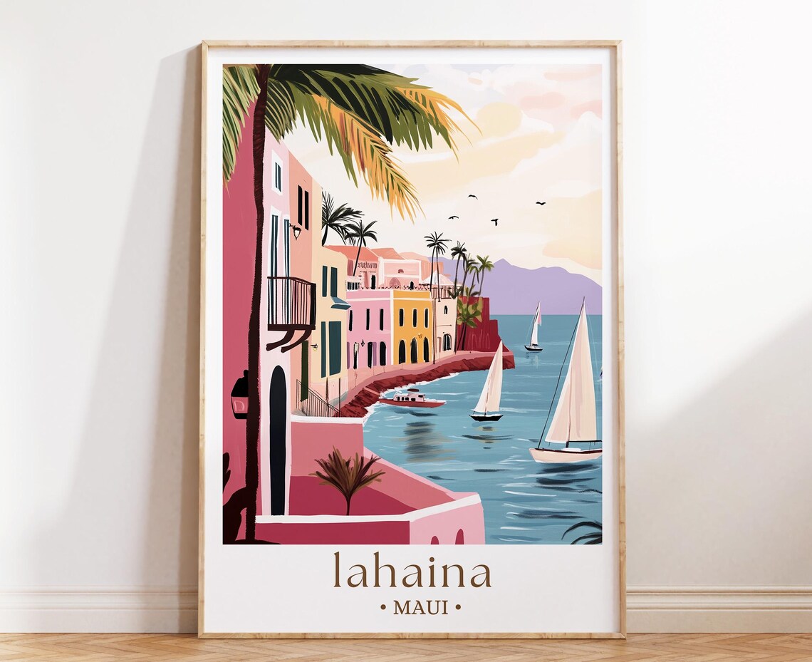 Lahaina Maui Hawaii Colorful Harbor Sailboats Coastal Travel Poster