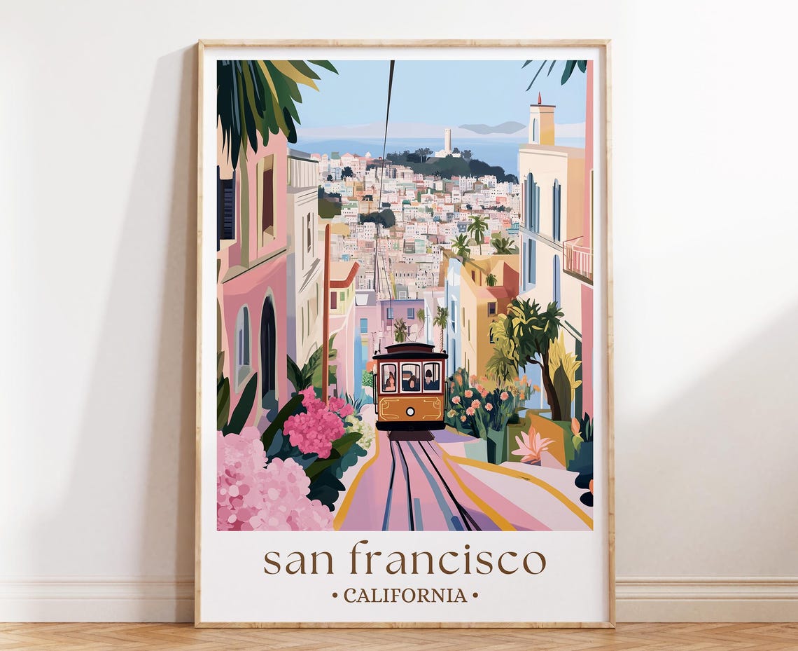 San Francisco Cable Car Poster California Steep Street Floral Scene