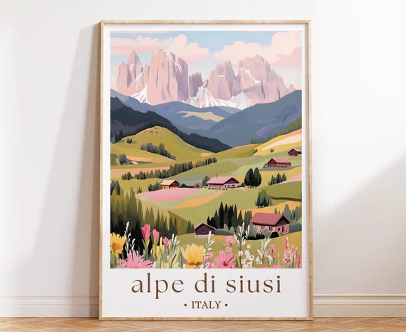Alpe Di Siusi Italy Travel Print Dolomites Mountain Wall Art Scenic Landscape Poster Nature Decor European Adventure Illustration