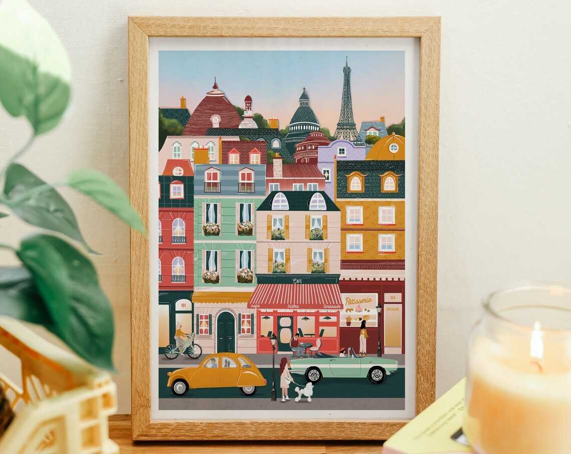 Paris France Colorful Street Scene Eiffel Tower Retro Art Poster - Image 2