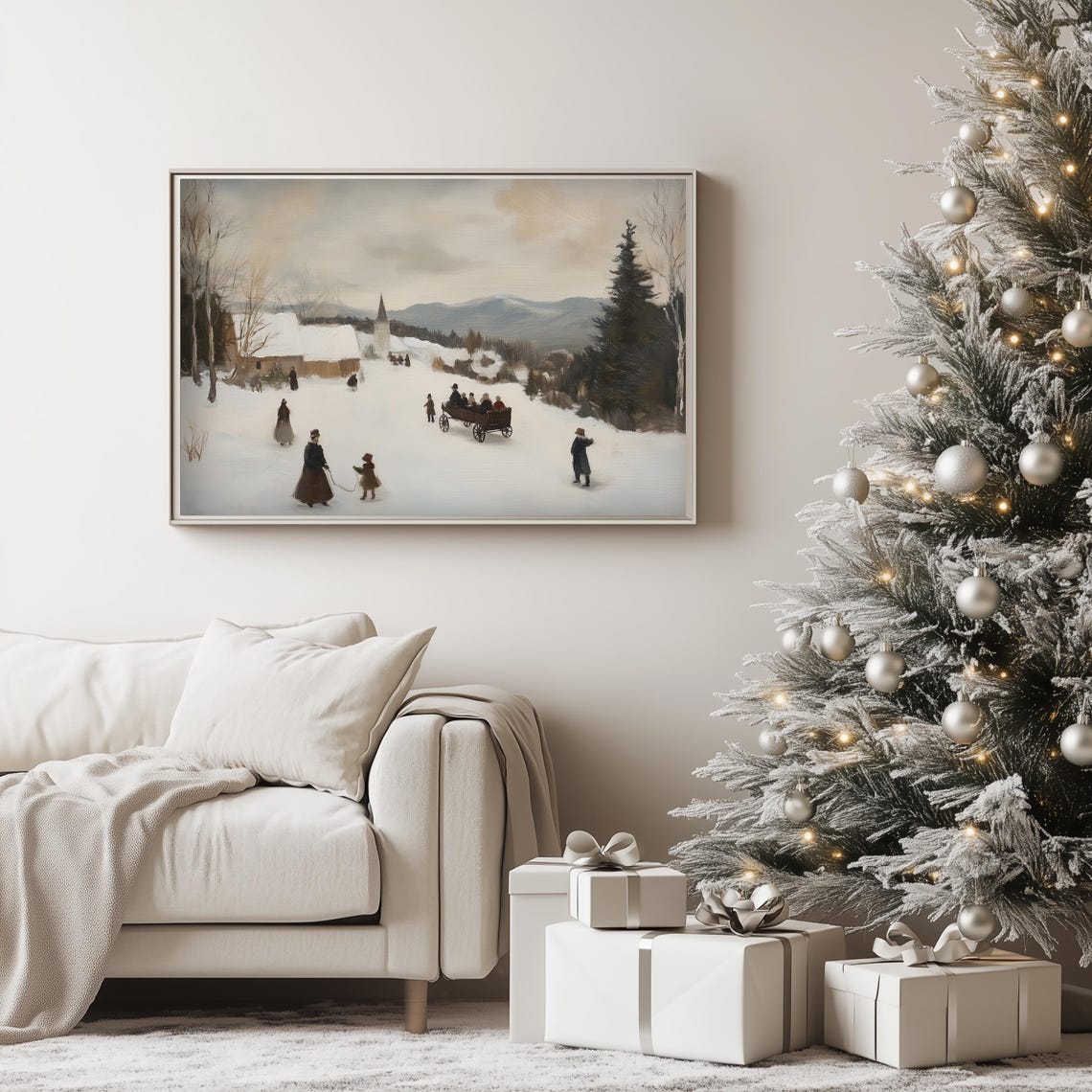 Winter Village Sleigh Ride with Church Mountains Vintage Poster - Image 3