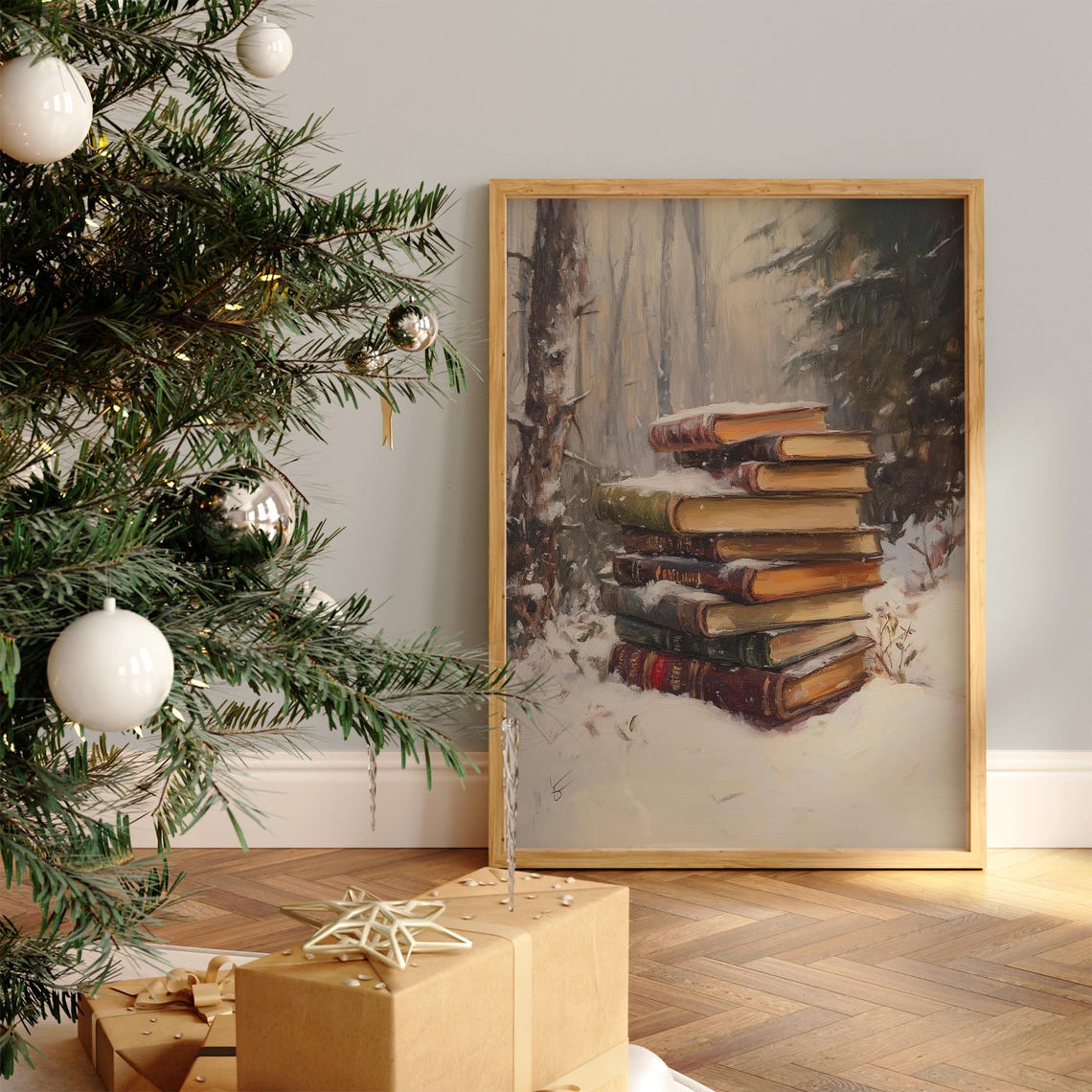 Stack Of Antique Books Dusty With Snow In A Winter Forest Poster - Image 3