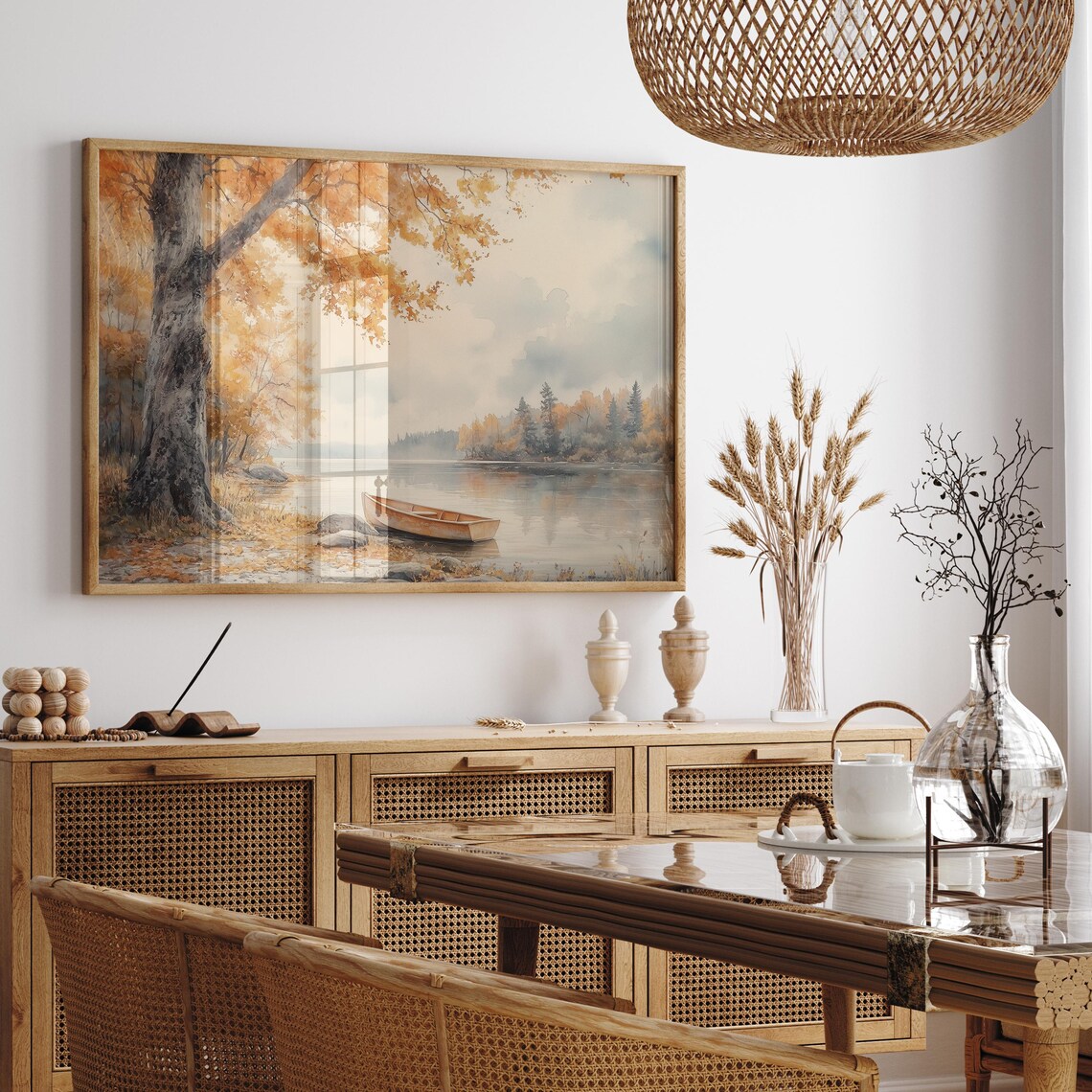 Wooden Canoe Resting on a Quiet Autumn Lakeshore Watercolor Poster - Image 2