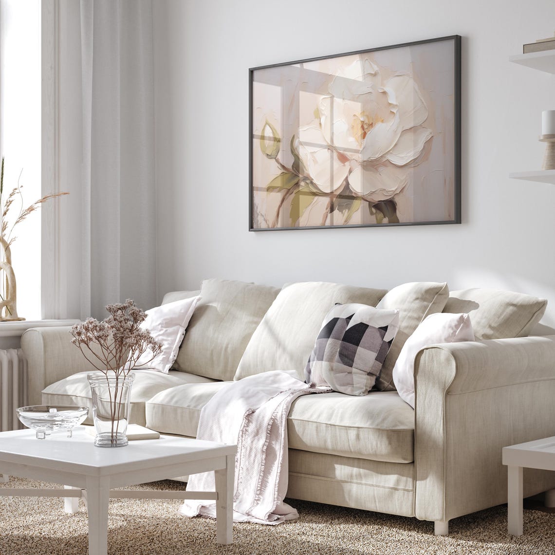 White Peony Bloom and Bud in Soft Impasto Oil Painting Poster - Image 4
