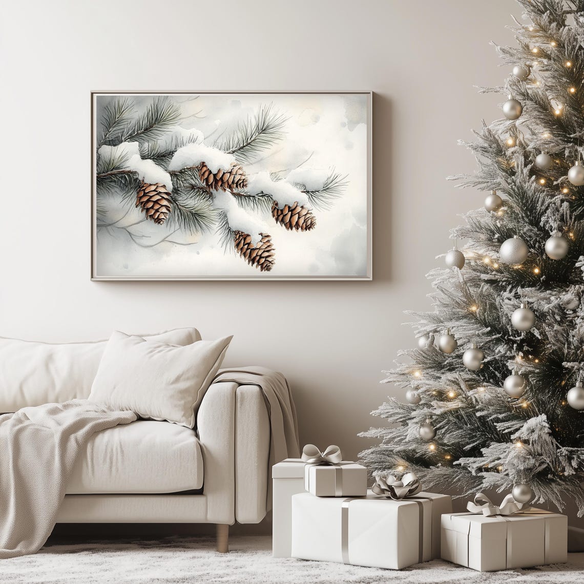 Snowy Pine Branch With Pinecones Delicate Watercolor Winter Poster - Image 4