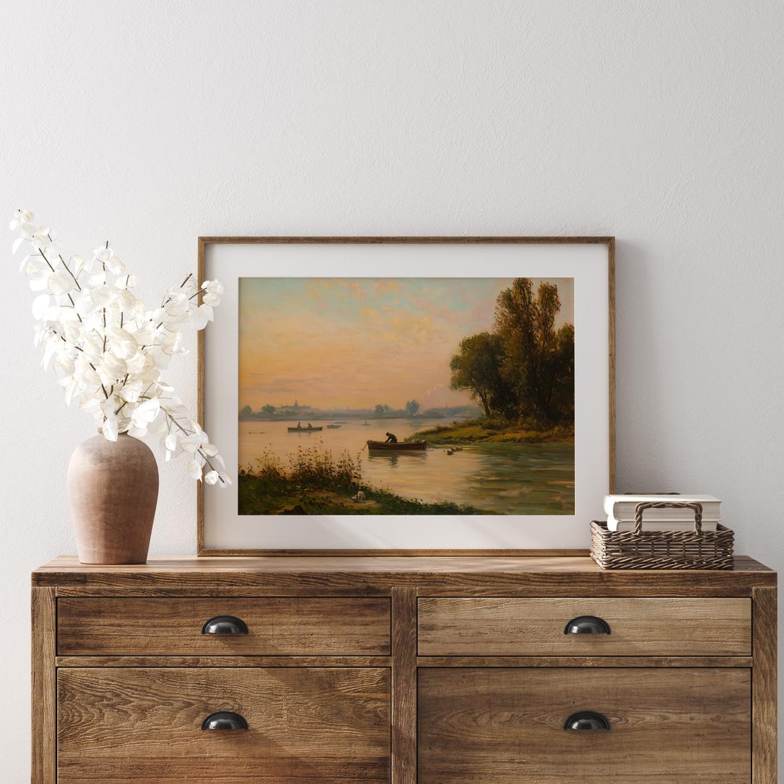 Sunset River with Rowboats and Fisherman Vintage Scene Poster - Image 4