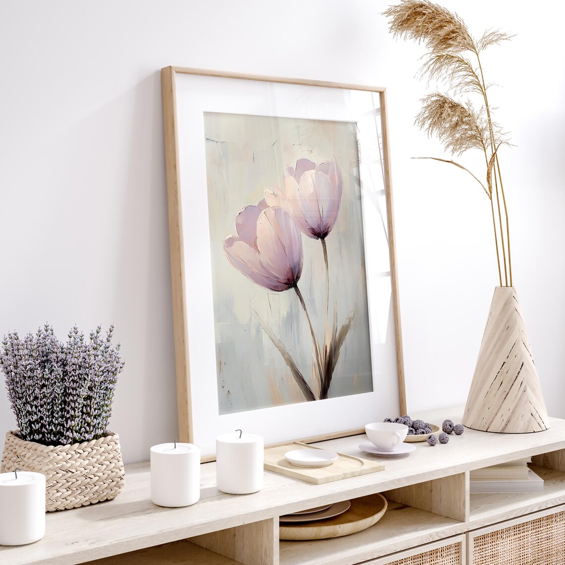 Two Lavender Tulips In Soft Pastel Botanical Oil Painting Poster - Image 2