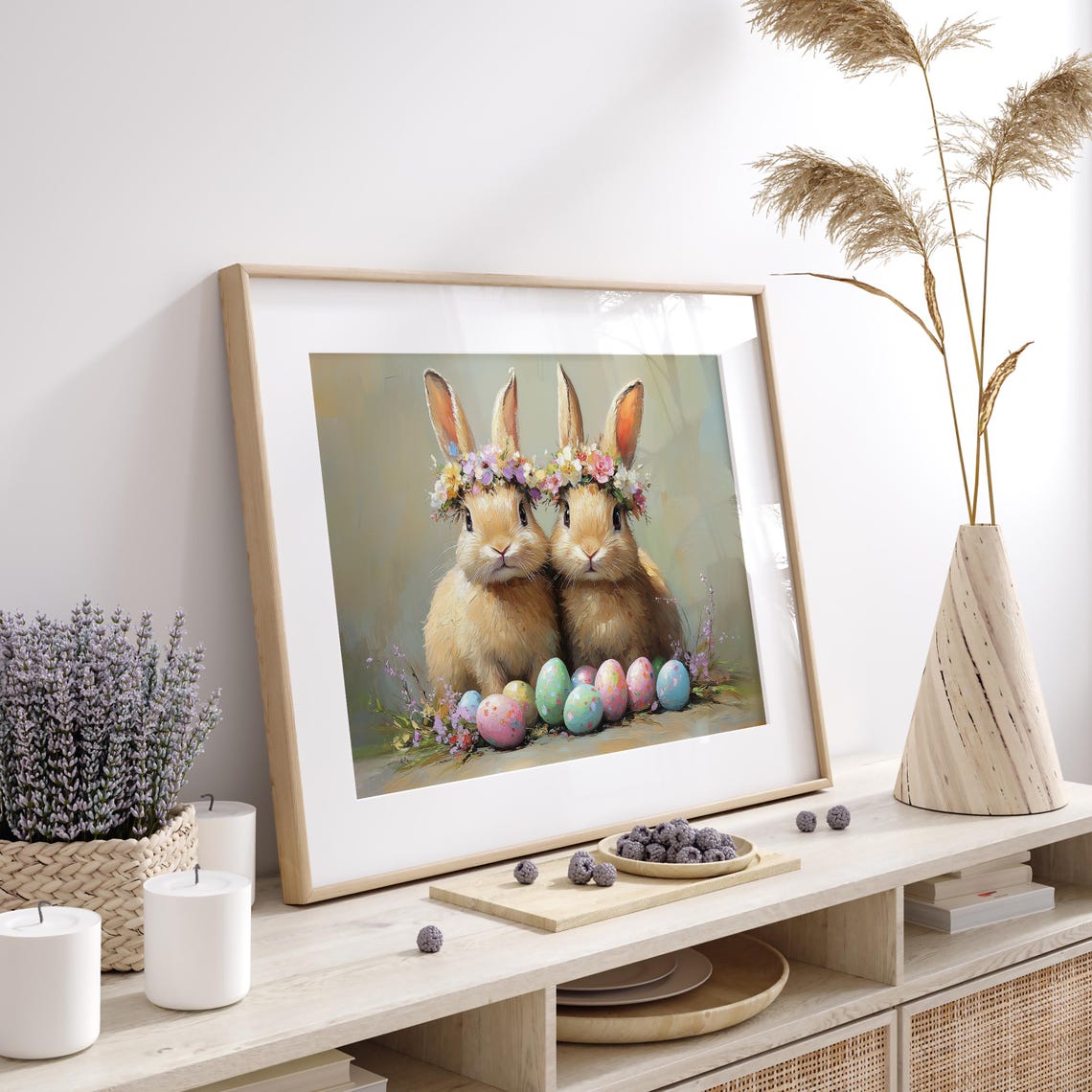 Two Cute Bunnies Wearing Flower Crowns Beside Easter Eggs Poster - Image 4