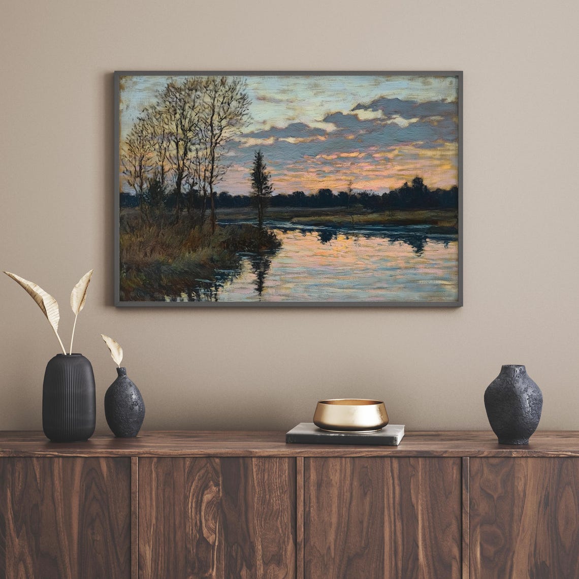 Sunset River Landscape Impressionist Pink Sky Nature Art Poster - Image 3