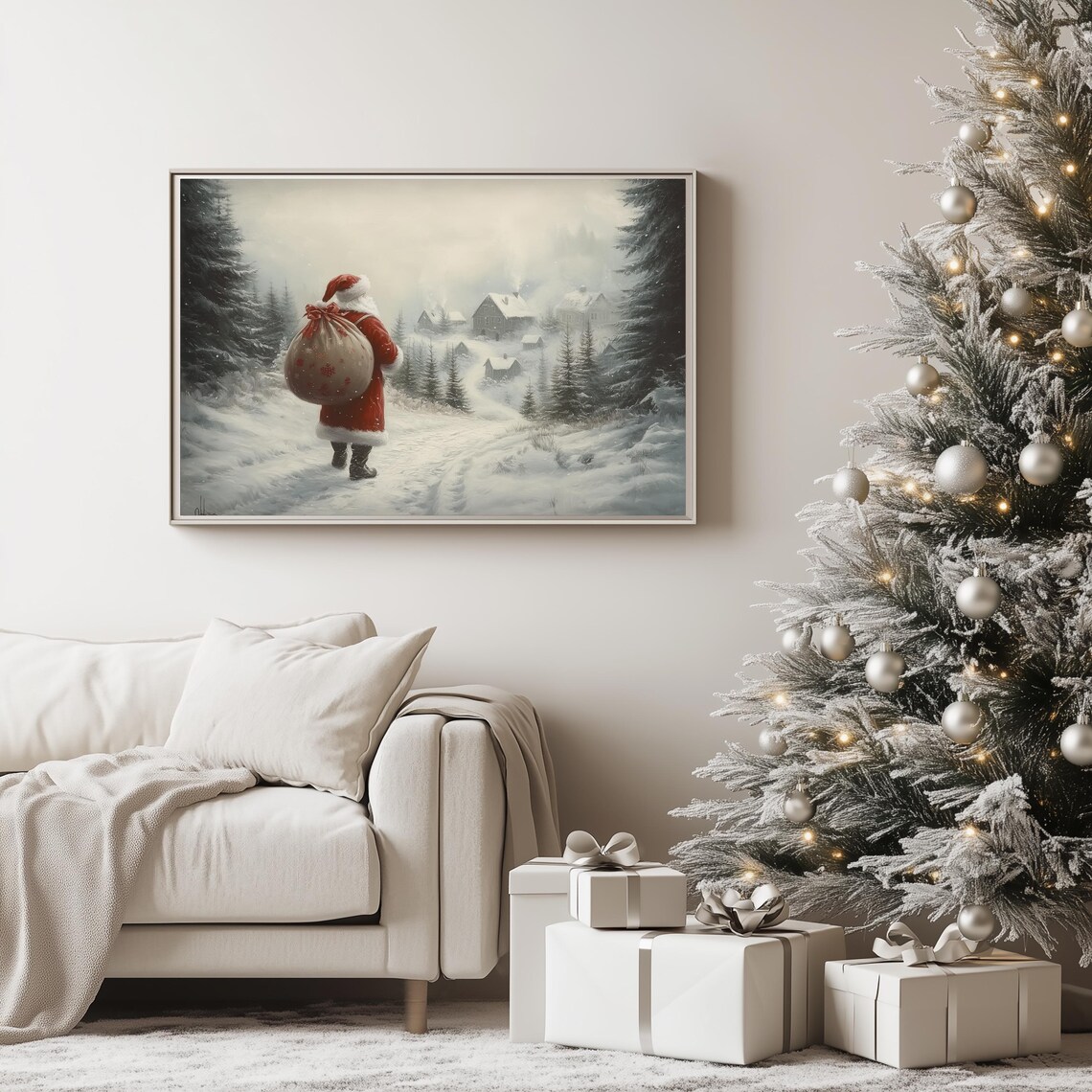 Santa Claus Toy Sack Walking Snowy Village Road Vintage Poster - Image 3